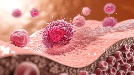 Basal cell carcinoma illustration, simplified skin cross-section with highlighted tumor 