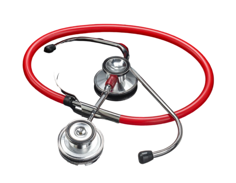 Red stethoscope with metallic diaphragm, tubing is bright red color on dark background