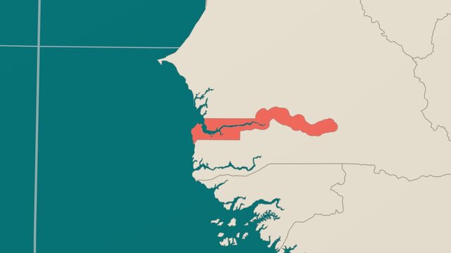 Gambia map. Animated zoom into the country on the Globe in Teal Pale Mint color palette. Country logo animation. Map with meridians, parallels. Trending video.
