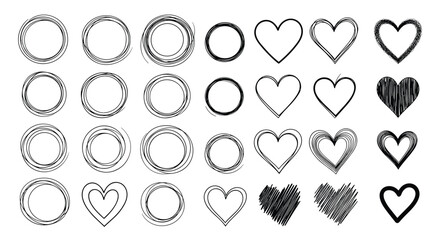 Hand drawn doodle hearts and circles set on white background.