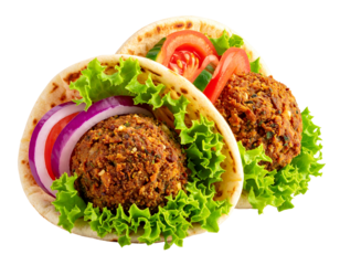 Two pita wraps overflowing with falafel, lettuce, red onion, tomato and cucumber, on a transparent background