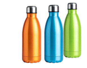 Three colorful, sleek metal water bottles stand against a stark black background with bright highlights