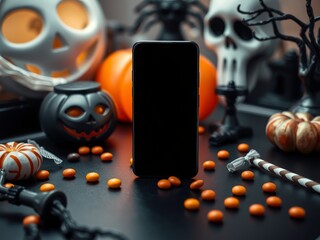 Halloween themed smartphone mockup with black screen on a dark background