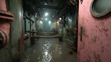 Abandoned industrial corridor with water and plants - Powered by Adobe