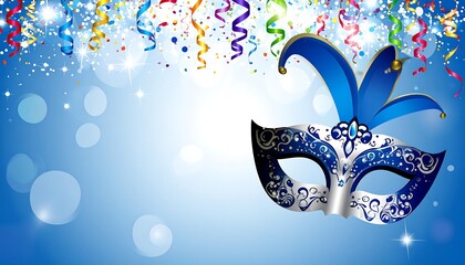 Festive blue and white masquerade mask with falling confetti and streamers