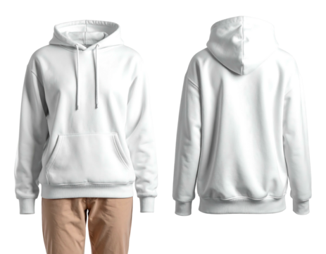 Two plain white hoodies, front and back view, with light brown pants at the bottom