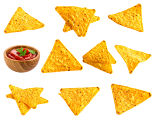 Multiple tortilla chips and a wooden bowl of tomato salsa on a black background