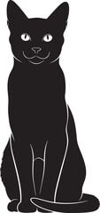 Elegant black cat silhouette sitting proudly full body front view with bright eyes for design projects and pet lovers