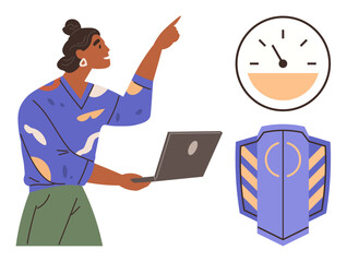 Person holding laptop pointing upward, associated with a gauge and shield. Ideal for productivity, security, success, innovation, assessment, strategy performance. A simple flat metaphor