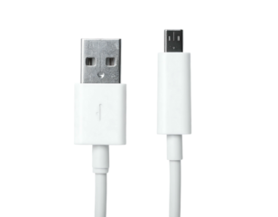 Two ends of a white USB cable, one standard and the other micro, both facing viewer on a clean background