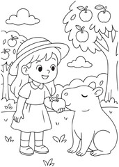 coloring book girl feeding capybara under apple tree