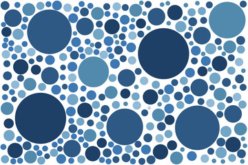 A seamless pattern of large and small blue polka dots scattered randomly.
