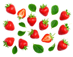 Red strawberries & green leaves are scattered on a black background, some cut in half, revealing seeds