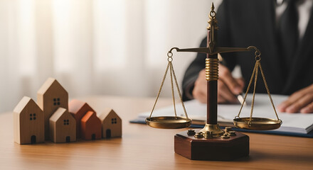 Legal concept of real estate law and property ownership, scales of justice with small wooden houses on a table with a lawyer in the background signing documents
