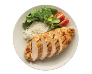 Grilled Chicken Breast with Rice and Fresh Salad on White Plate