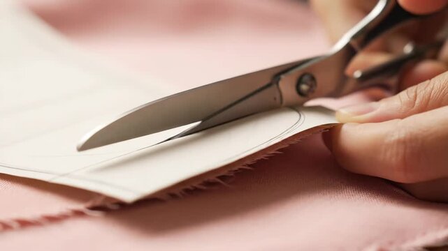 Meticulous hands using sharp dressmaking shears to precisely cut out a fabric pattern piece, showcasing the careful steps involved in DIY fashion, sewing projects, and crafting endeavors