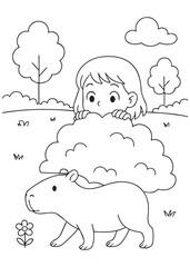 coloring book girl hiding behind bush with capybara walking