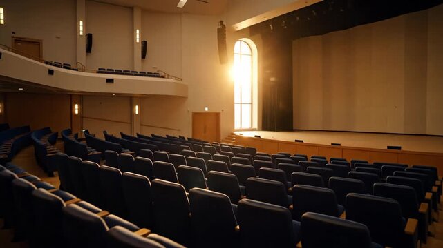 Empty Auditorium with Stage and Sunlight - An empty auditorium features rows of blue seats facing a large stage.