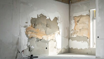 Interior room with peeling plaster, reveals construction and raw materials