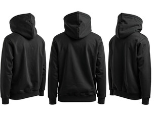 Three dark hooded sweatshirts, shown from the back, against a black background, with shadows and fabric texture detailed