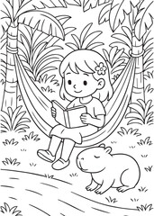coloring book girl reading on hammock with capybara nearby