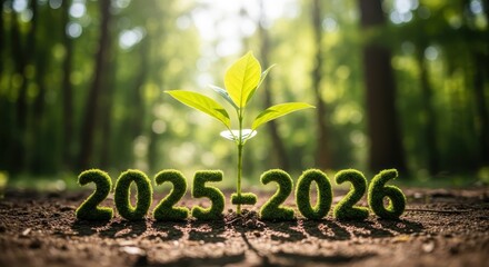 Close-up of a vibrant young plant growing from rich soil, symbolizing growth and new beginnings for the year 2025-2026 in a serene forest setting
