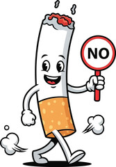 Cartoon cigarette character walks with stop sign promoting no smoking healthy lifestyle concept vector