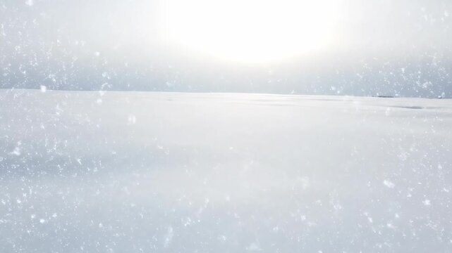 Drone aerial shot capturing vast untouched snowfields as delicate flakes descend from a serene winter sky Drone, high angle, snowfields