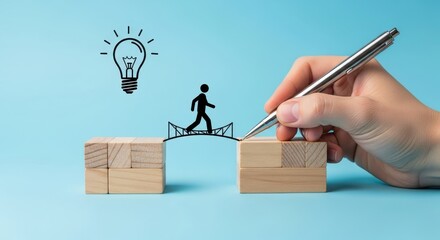 Conceptual image illustrating bridging the gap to innovation. A hand draws a pathway for a person to reach a creative idea