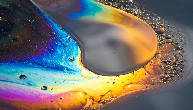 Close-up shot of iridescent oil droplets with swirling colors and reflective surfaces