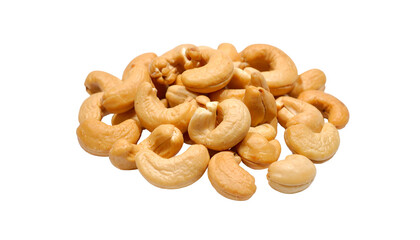 Fototapeta premium A small pile of tan cashew nuts, some whole and some broken, clustered together in a heap isolated on white