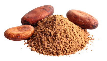 Cocoa powder pile with three brown cocoa beans, two whole and one halved, on white background transparent png
