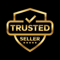 Trusted Seller logo, label, badge, sticker, symbol, emblem, stamp, banner, shield, mark, circle, black, line, flat vector, isolated illustration. Trusted Seller label for product packaging design.