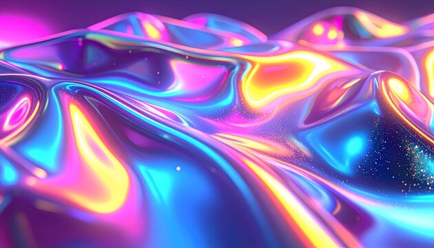 A vibrant, glossy, abstract surface undulates, reflecting glowing, iridescent colors