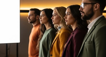 Eye-level side view of a focused business team in warm autumn colors, united in their collective goal and future progress