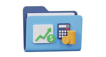 A blue folder with a graph, calculator, and coins, representing financial growth, investment, and accounting in a 3d render