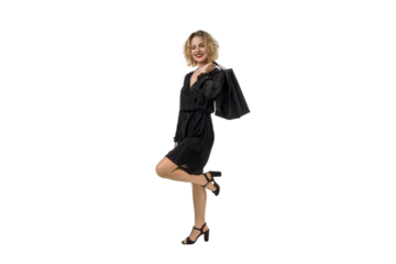 Excited shopper with bag ready for Black Friday, isolated, PNG