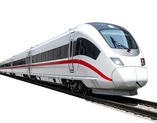 Naklejka premium Modern white train with a red stripe speeding along the track