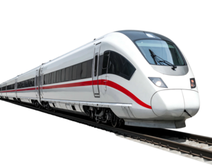 Modern white train with a red stripe speeding along the track