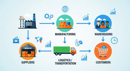 Supply chain network a diagram illustrating the interconnectedness of suppliers, manufacturing, logistics, and customers in a global supply chain