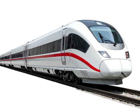 Modern white train with a red stripe speeding along the track