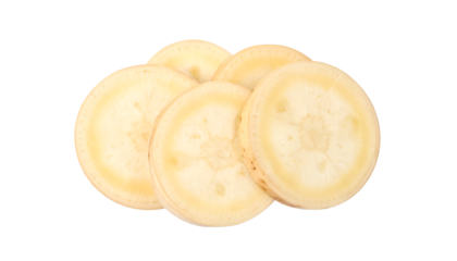 Sliced parsnip vegetable pieces, round and creamy white in color, stacked on top of each other, transparent png