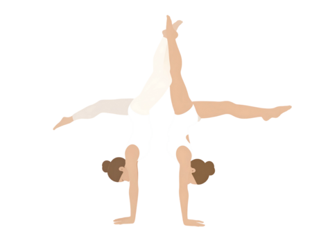 Two figures in white performing acrobalance, head to head and feet split. Black backdrop