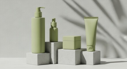 Minimalist light olive green skincare product containers artfully displayed on textured cubic pedestals, promoting beauty and self-care