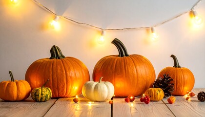 Several pumpkins, lights, and autumn decor are set on a wooden table