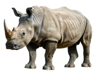 Massive, grey rhino isolated. Details in skin texture with large horns. Striking