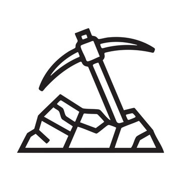 Simple line art icon of a pickaxe in rocks