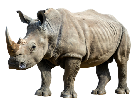Massive, grey rhino isolated. Details in skin texture with large horns. Striking