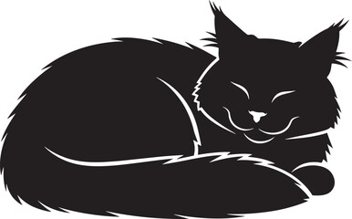 Charming black silhouette of a fluffy cat sleeping peacefully in a cozy pose