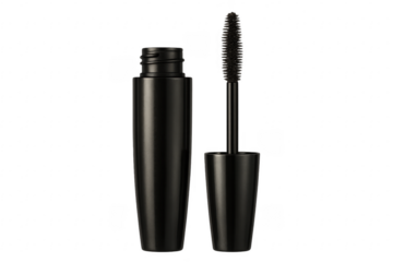 Black mascara bottle with wand open, beauty product